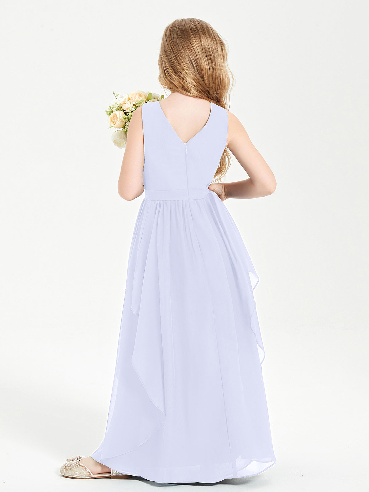 Boho Sleeveless Junior Chiffon Bridesmaids Gown Lavender